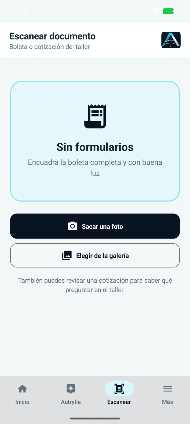 Pantalla para escanear un documento en Autrylia